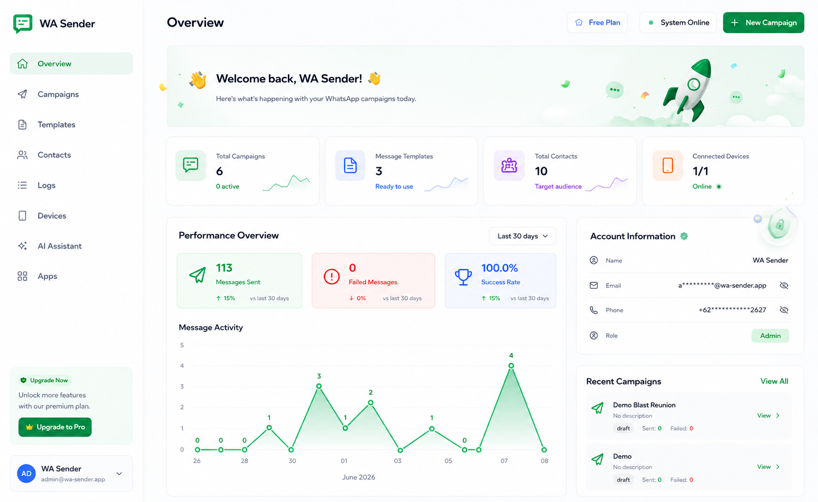 WA Sender dashboard preview