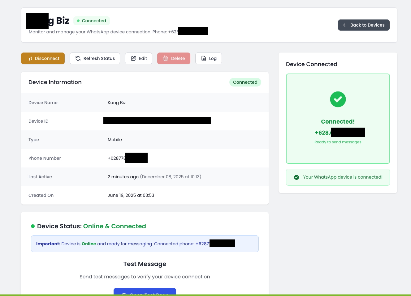 WA Sender device management screen